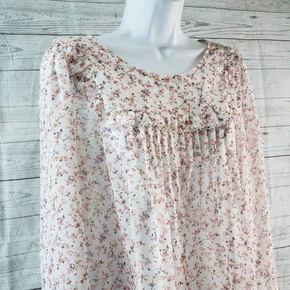 Gap Womens Blouse Sz Small Pink White Floral Long‎ Sleeve Semi Sheer Ruffle - Picture 2 of 5